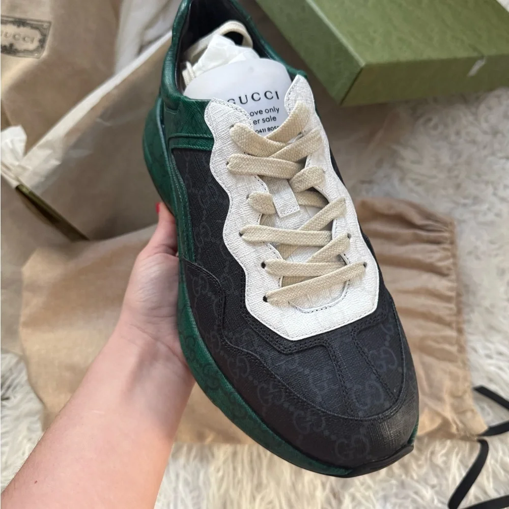 GUCCI MEN'S SHOES GREEN, BLACK & WHITE NYLON GG SUPREME RHYTON SNEAKERS - Picture 4 of 10